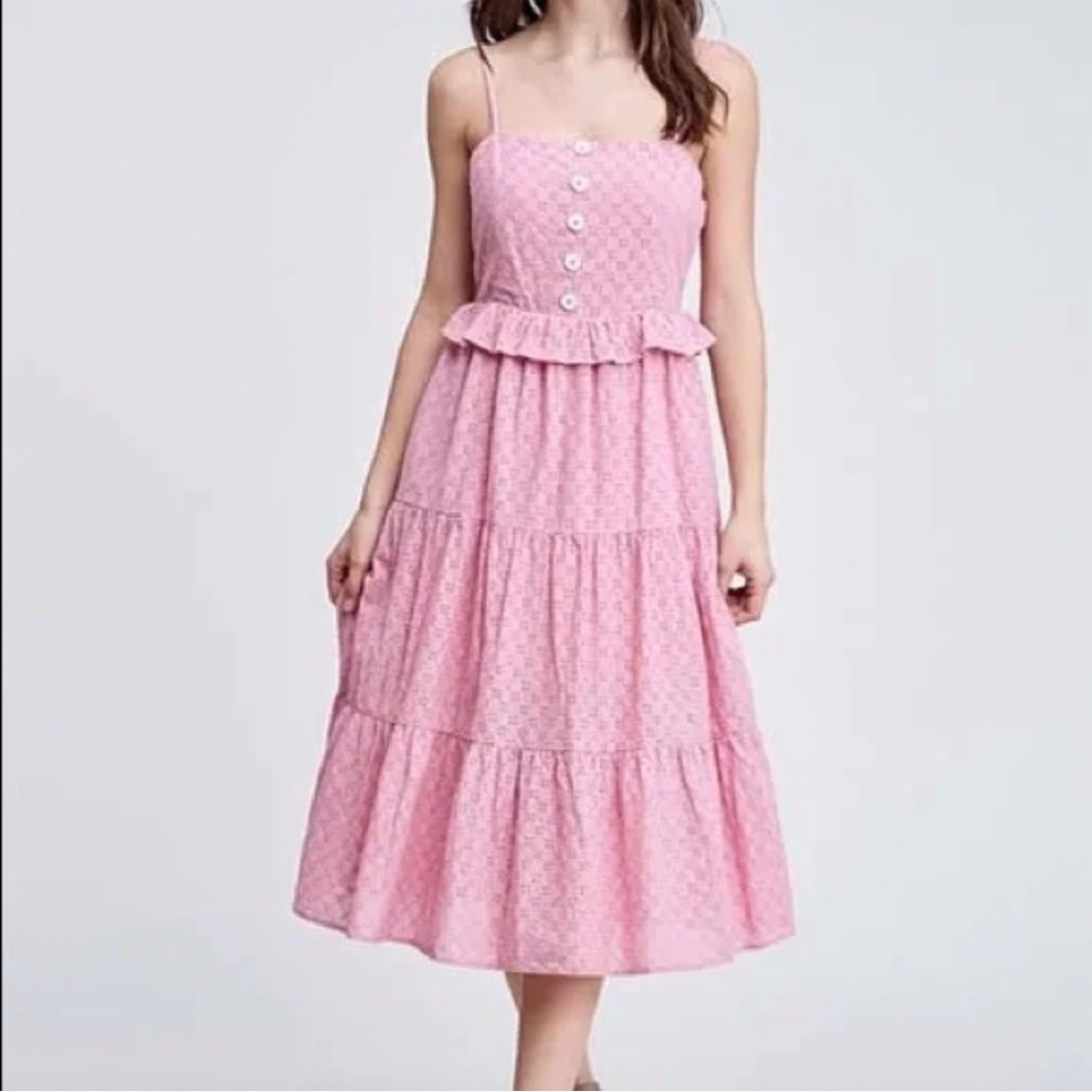 En Saison Tiered Button Front Ruffle Eyelet Midi Cottagecore Pink Medium